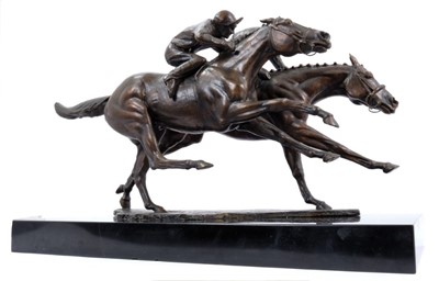 Lot 917 - Bernard Winskill (d. 1980) very large bronze figural group depicting Charlottown and Pretendre in the finish of the 1966 Derby