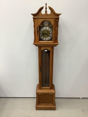 Lot 160 - Reproduction longcase clock in hardwood case with three brass weights and pendulum, 190cm high