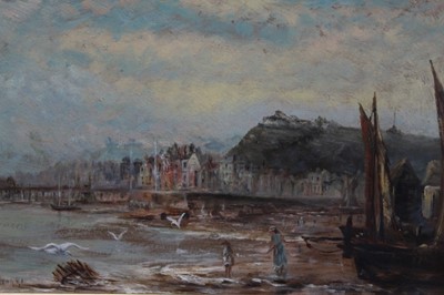 Lot 183 - Pair of 19th century English School oils on board - Coastal Landscpaes, indistinctly signed and dated, 20cm x 29cm, in gilt frames