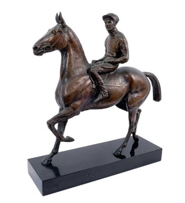 Lot 924 - Bernard Winskill (d. 1980) large bronze sculpture of Arkle with Pat Taaffe up, 50cm long, raised on black marble plinth, together with a certificate from the artist confirming purchase in 1966 for...