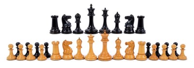 Lot 955 - Late 19th century Jaques & Son, London, Staunton weighted Boxwood and Ebony Chess Set, with King’s side marked Knights and Rooks, Boxwood King signed Jaques London, in a Mahogany case with green la...