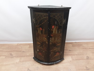 Lot 1434 - 18th century chinoiserie decorated barrel front hanging corner cupboard, with painted figures and landscape decoration