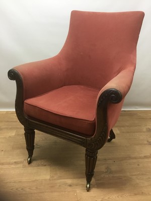 Lot 1440 - William IV tub chair with puce upholstery on ornate mahogany fluted legs and castors