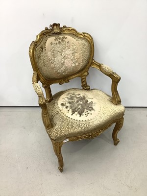 Lot 145 - Gilt framed open elbow chair with floral upholstered seat and back on cabriole front legs