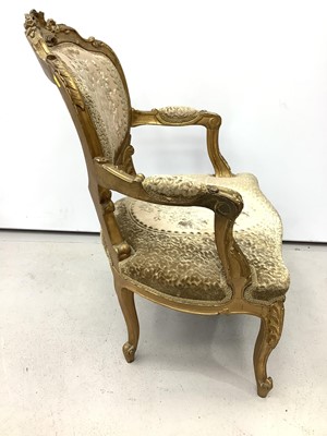 Lot 145 - Gilt framed open elbow chair with floral upholstered seat and back on cabriole front legs