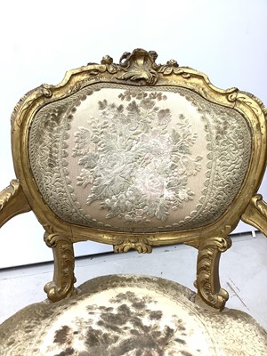 Lot 145 - Gilt framed open elbow chair with floral upholstered seat and back on cabriole front legs