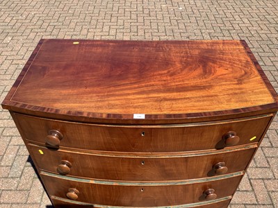 Lot 148 - 19th century inlaid mahogany bowfront chest of four long graduated drawers on splayed bracket feet, 100cm wide x 55cm deep x 108cm high