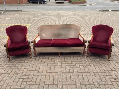 Lot 171 - 20th century three piece suite comprising settee and pair of armchairs