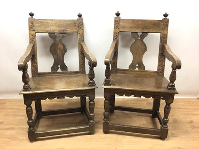 Lot 1519 - Pair of antique oak wainscot chairs, 17th century and later 
Provenance: removed from All Saints Church, Hitcham