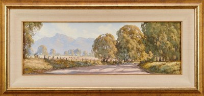 Lot 1271 - Gerard Mutsaers (b.1947) oil on board - The Road from Moyston, Grampians, signed, 24cm x 74cm, in gilt frame  
Provenance: George Styles Gallery, Sydney, May 1991 p