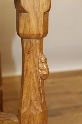 Lot 1299 - Robert Mouseman Thompson carved oak tub chair, with lattice back and stud closed leather seat on chamfered supports with signature mouse to front leg