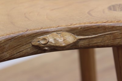 Lot 1298 - Robert Mouseman Thompson oak stool, with saddle seat, signature mouse to one side