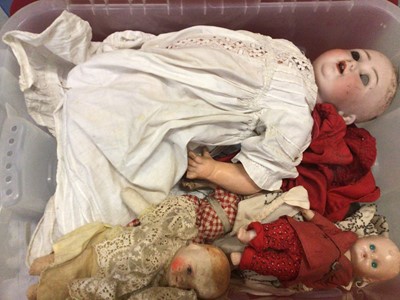 Lot 1917 - Two boxes of assorted dolls  large and small.  German bisque head doll, composite and plastic dolls .