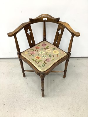 Lot 176 - Edwardian corner chair with tapestry seat on turned legs joined by X frame stretchers
