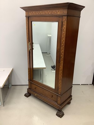 Lot 179 - 19th century mahogany wardrobe with floral marquetry inlaid decoration and bevelled glazed door with drawer below on carved paw front feet, 105cm wide x 52cm deep x 198cm high