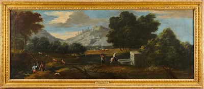 Lot 1229 - Attributed to Marco Ricci (1676-1727) oil on canvas - figures and livestock in extensive landscape, 40cm x 101cm, in gilt frame 
Provenance: Thomas Agnew & Sons