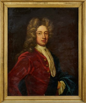 Lot 1238 - Manner of Michael Dahl, oil on canvas portrait of a man in wig and red coat