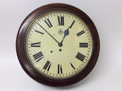 Lot 774 - Second World War R.A.F. wall clock with painted 14" dial with Crowned RAF badge, single fusee movement signed Elliot London dated 1941 in mahogany case 47 cm diameter, key and pendulum present