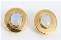 Lot 3266 - Pair gold (18ct) opal stud earrings, 17mm x 20mm