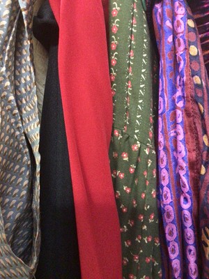 Lot 2104 - Ladies 1970s - 80s maxi skirts including Peasant, tiered, Indian silk etc, red silk blouse, plus green velvet wide leg trousers by Jean Pereau