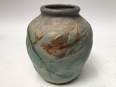 Lot 1058 - Two Bourne Denby Danesby vases, one decorated with fish, 24cm high, the other decorated with birds, 21.5cm high