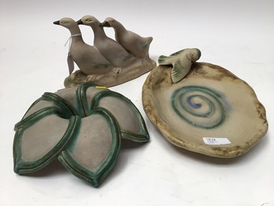 Lot 1065 - Three 1930s Denby Danesby Ware items including bird in bird bath, three geese and a posy vase