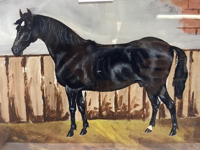 Lot 68 - J.B. Whitby 1915, oil on glass, A bay hunter in a landscape, signed and dated, in oak frame. 21 x 26cm