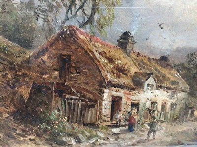 Lot 56 - William E. Ellis 1869 - 1923, oil on canvas laid on board, A Welsh scene with figures by a cottage, signed, in gilt frame. 22 x 27cm