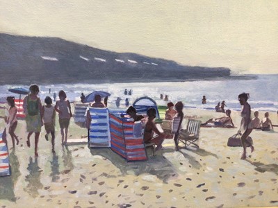 Lot 57 - Z. Phillips, oil on canvas, A beach scene with people enjoying the sun, signed, in painted frame. 19 x 49cm