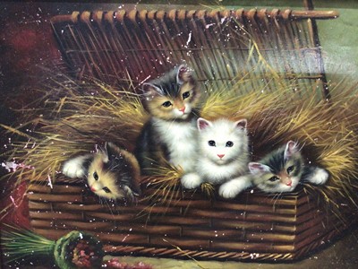 Lot 63 - English School, oil on panel, Kittens in a basket, in gilt frame. 20 x 25cm