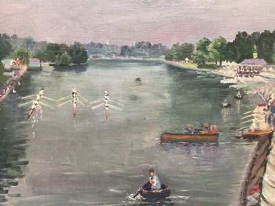 Lot 64 - P. Johnson circa 1950, oil on board, A view of Henley Regatta, oil on board, signed, in wooden frame. 31 x 39cm