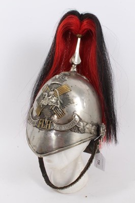 Lot 735 - Scarce Victorian Forfarshire Light Horse troopers 1871 Pattern helmet with white metal and brass helmet plate , white metal skull with associated horse hair plume , original chin chains and leather...