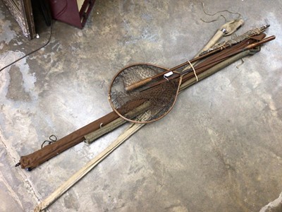 Lot 2527 - Fly-fishing interest: W. Robertson of Glasgow four-piece split cane rod, an Ogden Smith Royal Sovereign rod, a Sowerbulls rod and one other, together with two nets (6)