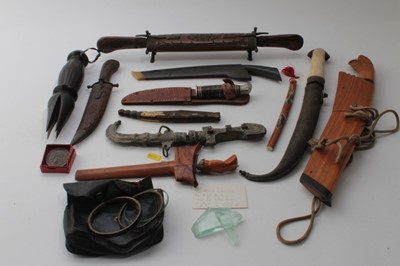 Lot 956 - Spanish folding Navaja knife with bone and tortoiseshell mounts, together with a Kris, letter opener in the form of a Japanese Katana and other Eastern daggers