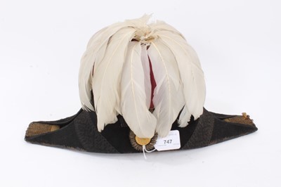 Lot 747 - George V Court Officials' Bicorn hat with silver and gold bullion, red and white feather plume , oginal silk and leather lining