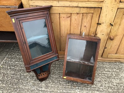 Lot 924 - Edwardian mahogany hanging corner display cabinet, together with another mahogany hanging cupboard