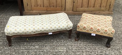 Lot 925 - Late 19th/early 20th century mahogany framed square footstool, on carved claw feet, together with another rectangular foot stool (2)