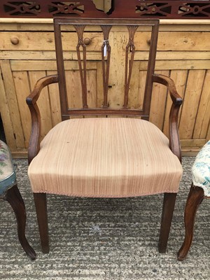Lot 869 - Georgian mahogany open elbow chair with upholstered seat, set of three Victorian balloon back chairs and one other similar