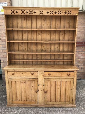 Lot 914 - Victorian pine two height kitchen dresser, the raised open back above two drawers and two cupboards below