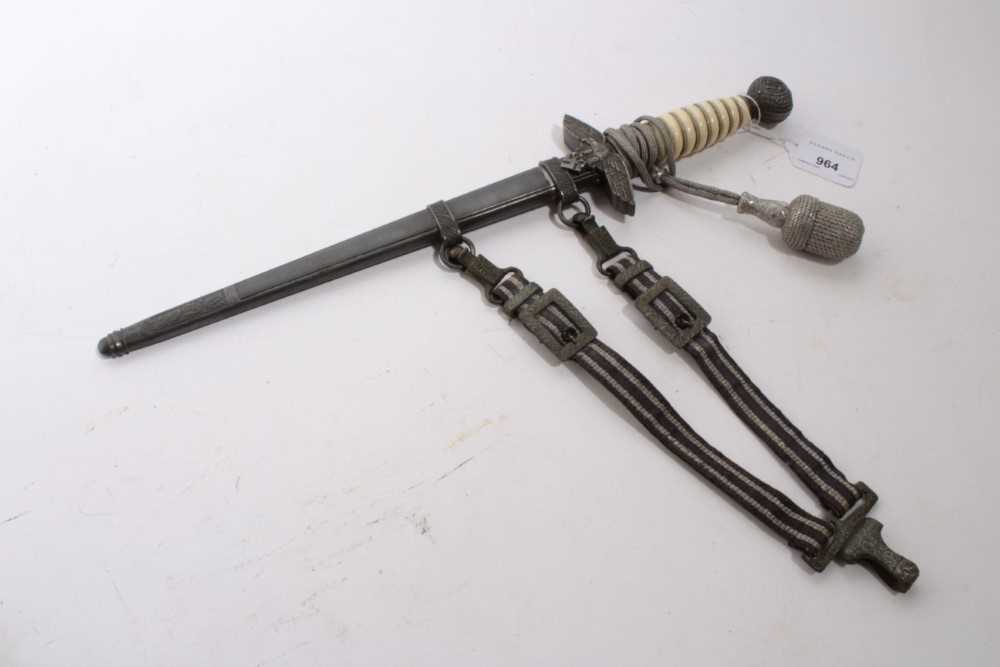 Lot 964 - Nazi 1937 Pattern Luftwaffe Officers' Dress Dagger with polished steel blade by WMW Waffen, Luftwaffe Eagle crossguard, wire bound cream celluloid grip, in scabbard, with silver bullion thread dres...
