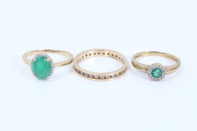 Lot 232 - 14ct gold emerald and diamond ring, one other similar 9ct gold ring and 9ct gold diamond set eternity ring (3)