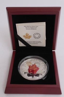 Lot 468 - Canada - The Royal Canadian Mint 5-ounce Fifty Dollar 5oz fine silver coin 'Murano Maple Leaf Autumn Radiance' 2016 (cased with certificate of authentication) (1 coin)