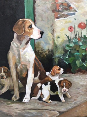 Lot 52 - S. Scott, A hound and her family, oil on board, signed, in gilt frame, 40 x 28cm.