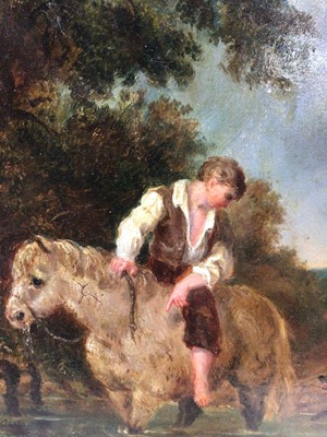 Lot 53 - English School 19th Century A boy on his pony with his dog in a stream, oil on board, in painted frame. 17 x 15cm.