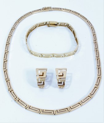 Lot 293 - 14ct gold Greek key design necklace, bracelet and earrings