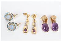 Lot 3204 - Three pairs gold / yellow metal mounted gem...
