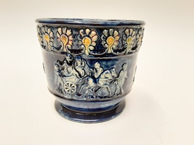 Lot 92 - Castle Hedingham Edward Bingham blue glazed pottery vase/jardinière decorated with horse and cart, figures and a floral band, 12.5cm high, 13.5cm diameter