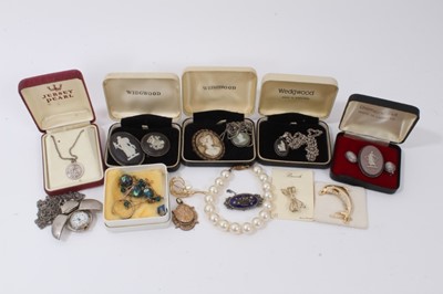 Lot 238 - Group Wedgwood Jasper ware jewellery, silver St Christopher pendant on chain, Victorian blue enamel marcasite brooch and other jewellery