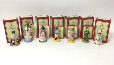 Lot 1145 - Thirty Royal Doulton Bunnykins figures including some limited edition - Mr Punch, England Athlete, Joker, Sweetheart, Airman, Scotsman, Judy, Wizard, Jockey, Boy Skater, Fisherman, Cook, Stop Watch...