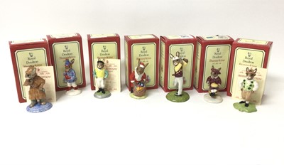 Lot 1145 - Thirty Royal Doulton Bunnykins figures including some limited edition - Mr Punch, England Athlete, Joker, Sweetheart, Airman, Scotsman, Judy, Wizard, Jockey, Boy Skater, Fisherman, Cook, Stop Watch...
